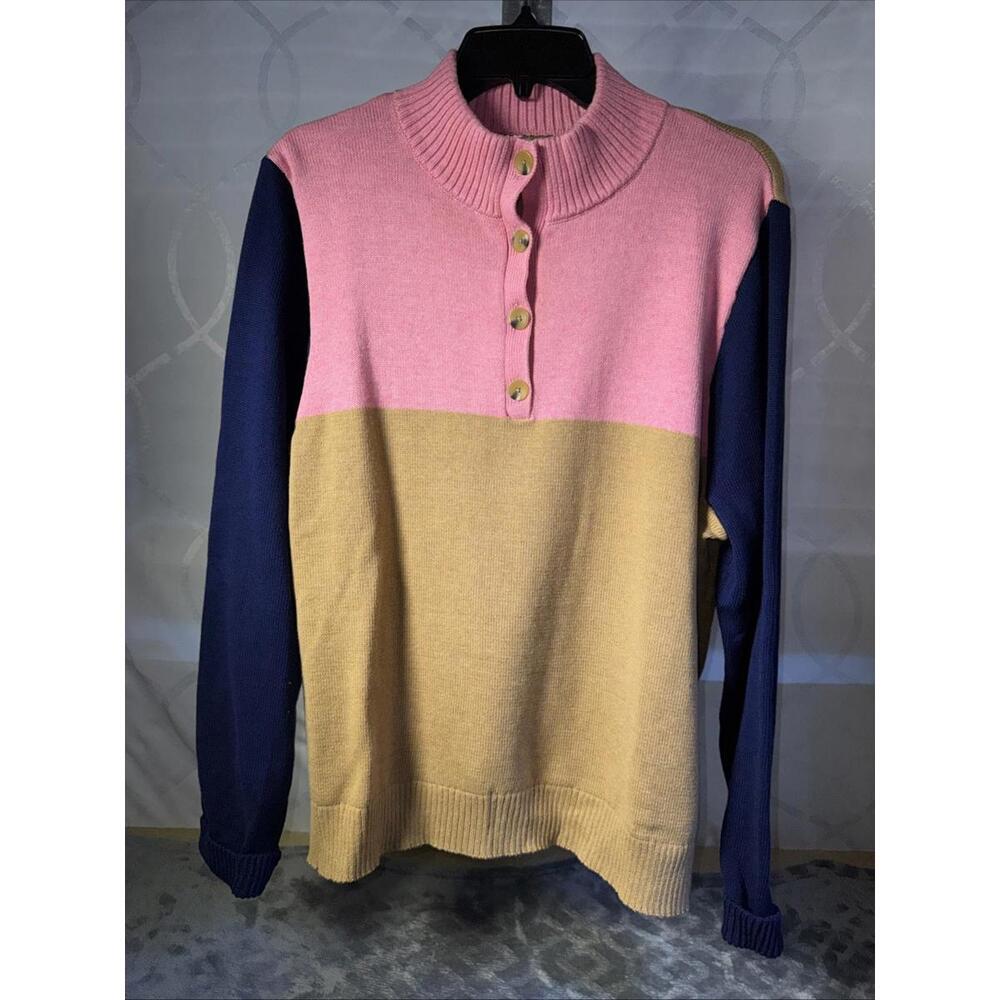 J. Crew Color Block Mock Neck Button Up Sweater Pink Tan Navy Size XXL